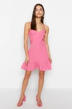 Trendyol Fuchsia Waist Drop/Skater Mini Woven Cotton Double Breasted Collar Strap Woven Dress