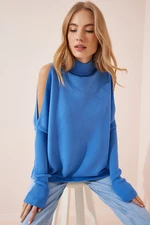 Happiness İstanbul Women's Indigo Blue Cut Out Detailed Oversize Knitwear Sweater Happiness İstanbul Women's Indigo Blue Cut Out Detailed Oversize Knitwear Sweater