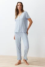 Trendyol Blue-Multicolored Floral Ruffle Detailed Viscose Knitted Pajama Set