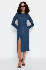 Trendyol Blue Stitching Detail Midi Denim Dress