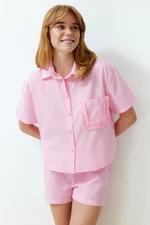 Trendyol Pink 100% Cotton Pocket Ruffle Detailed Woven Pajamas Set