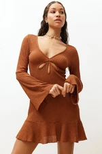 Trendyol Brown Fitted Mini Knitted Frilly Beach Dress