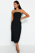 Trendyol Black Straight Cut Button Detail Strapless Midi Woven Dress