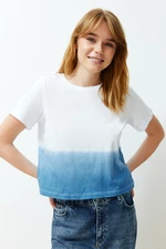 Trendyol Blue 100% Cotton Gradient Transition Comfortable Fit/Crop Knitted T-Shirt