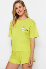 Trendyol Light Green Cotton Printed T-shirt-Shorts Knitted Pajamas Set