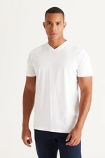 AC&Co / Altınyıldız Classics Męska biała 100% bawełniana koszulka z krótkim rękawem Slim Fit Slim Fit z dekoltem w serek.