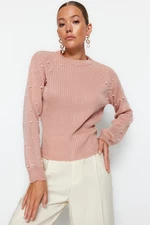 Trendyol prášek perla detailní pletený svetr s výstřihem