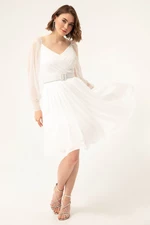 Lafaba Women's White Belted Midi Evening Dress with Glitter.