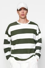 Trendyol Green Unisex Oversize/Wide Cut Striped Fleece Inside Cotton Sweatshirt