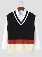 Mens Color Block Patchwork V-Neck Knitted Preppy Sleeveless Vests