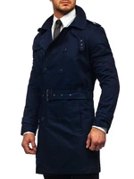 Tmavě modrý pánský dvouřadý kabát s vysokým límcem a páskem Bolf 5569