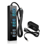 10 Port USB Hub 9 Port USB3.0 Data Hub + 1 Smart Charging Port with On/Off Switches Power Adapter 5V/4A Small USB Extens