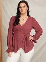 Plus Size V-neck Belt Design Button Design Blouse