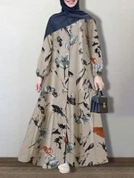 Women Vintage Flower Print Button Up Kaftan Long Sleeve Maxi Dresses