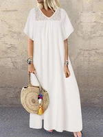 Lace Stitch Solid Short Sleeve V-neck Loose Maxi Dress