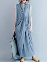 Women Sleeveless V Neck Solid Color Maxi Dress