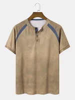 Men Color Spliced Front Half Buttons Short Sleeve T-Shirts