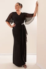 By Saygı Plus Size Glittery Long Dress with Chiffon Sleeves and Stone Accessory Lined Wide Sizes Saks.