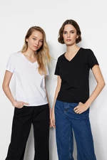 Trendyol čierno-biele 100% bavlnené dvojbalenie základných pletených tričiek s výstrihom do V
