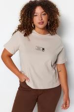 Trendyol Curve Beige Crew Neck Printed Knitted T-Shirt