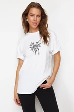 Trendyol White Premium 100% Cotton Spider Web Printed Oversize/Wide Fit Knitted T-Shirt