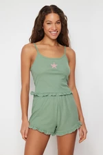 Trendyol Green Star Embroidered Ruffled Rope Strap Ribbed Knitted Pajama Set