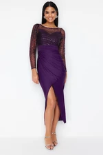 Trendyol Purple Sequin Tulle Knitted Long Stylish Evening Dress