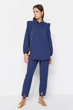 Trendyol Navy Blue Denim Look Tunic-Pants Suit