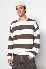 Trendyol Mink Oversize/Wide-Fit Crew Neck Striped Fleece Inner Cotton Sweatshirt