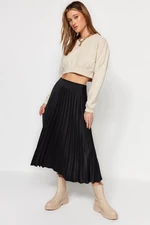 Trendyol Black Pleated Satin Midi Woven Skirt