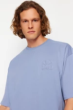 Trendyol Blue Oversize Relief Printed 100% Cotton T-Shirt