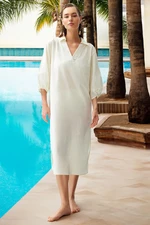 Trendyol Ecru Wide Fit Midi Woven Balloon Sleeve 100% Cotton Beach Dress