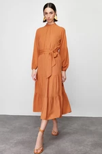 Trendyol Brown Plain Frilly Woven Dress