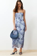 Trendyol Blue Strapless Neck Lace Printed Knitted Midi Dress