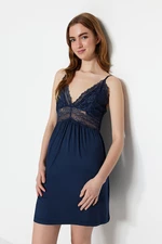 Trendyol Navy Blue Lace Detailed Rope Strap Knitted Nightdress