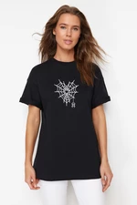 Trendyol Black Premium 100% Cotton Spider Web Printed Oversize/Wide Fit Knitted T-Shirt