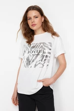 Trendyol White 100% Cotton Foil and Slogan Printed Knitted T-Shirt