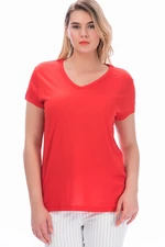 Şans Women's Plus Size Red Cotton V-Neck Blouse