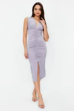 Trendyol Gray Fitted Midi Flexible Knitted Midi Pencil Dress with Gather Detail