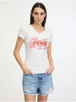 Cream women's T-shirt Guess Logo Flowers - Women