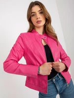 Dark pink women's motorcycle jacket made of artificial leather with lining