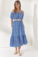 Olalook Women's Saxon Blue Thick Straps Viscose Dress with Elastic Waist