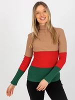 Camel and dark green ribbed turtleneck blouse