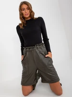 Khaki insulated casual shorts made of eco-leather