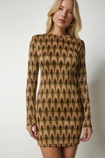 Happiness İstanbul Women's Beige Green Stand-Up Collar Patterned Mini Knitwear Dress