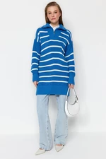 Trendyol Blue Striped Collar Zippered Knitwear Sweater