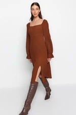 Trendyol Brown Crepe/Textured Square Neck Slit Long Sleeve Midi Knit Dress