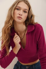 Trend Alaçatı Stili Women's Claret Red Polo Collar Corduroy Soft Textured Crop Top