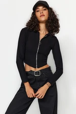 Trendyol Black Hooded Regular/Regular Fit Zipper Ribbed Elastic Knitted Sweatshirt