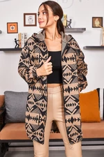 armonika Women's Beige Patterned Zippered Hooded Trench Coat